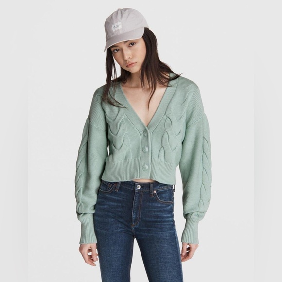RAG & BONE Oversized Fit TAYLOR CABLE Cashmere Cotton Knit Button Sweater MINT - Picture 1 of 11